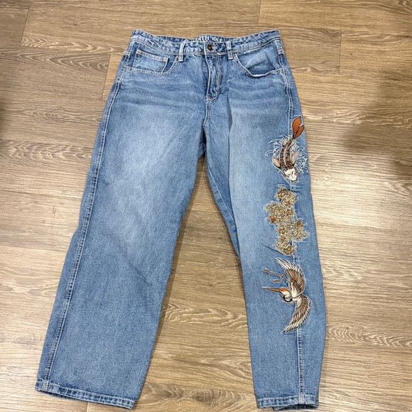 Zumiez Denim - Zumiez Light Blue Straight Leg Jeans with Bird & Floral Embroidery